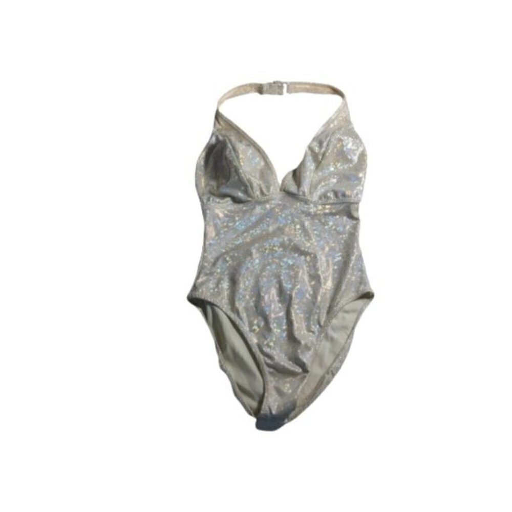 Pango Pango Sparkly Silver Halter One Piece Swimsuit S Metallic Resort #3006-2